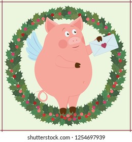 Vector card template. Illustration of small funny piggy and holiday wreath. Almost all elements can be changed  