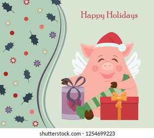 Vector card template. Illustration of small funny piggy for New Year holidays. Almost all elements can be changed  