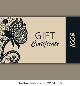 Vector card template with lace ornament. Gift certificate design. Vintage ornate floral motifs