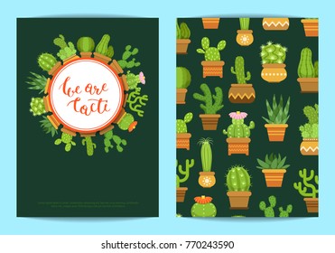 Vector card template with lettering We are cacti and cacti in pots with circles and shadows illustration