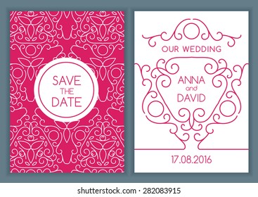 Vector card template with line art style pattern. Abstract floral decorative background illustration in pink and white color. Concept for wedding invitation, greeting birthday card, flyer.
