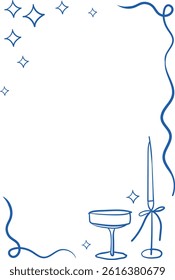 Vector card template with modern decorative frame, bow, glass and candle in line art style in trend blue color, perfect for wedding or party invitation, restaurant or dinner menu
