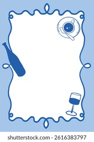 Vector card template with modern decorative frame,  wine glass and bottle, coffee in line art style in trend blue color, perfect for wedding or party invitation, restaurant or dinner beverages menu