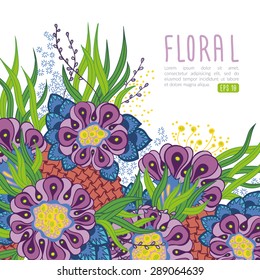 Vector card template object with colorful flowers and leaves for your design