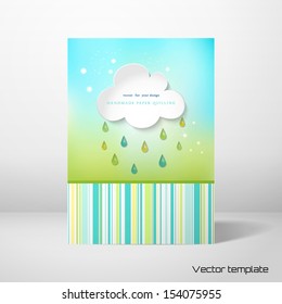 Vector card template. Paper cloud and rain. Imitation volume paper art. Handmade quilling. Can be used as an information bubble. Realistic shadow. Place for your text