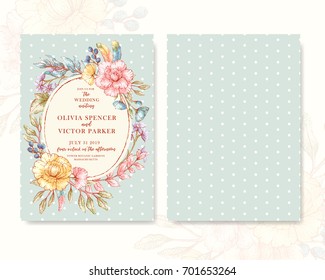 Plantilla de tarjeta vectorial de estilo pastel con marco floral. Puede ser usado para saludos, bodas, cumpleaños, día de San Valentín, carteles, volantes, folletos, tarjetas de invitación. 
