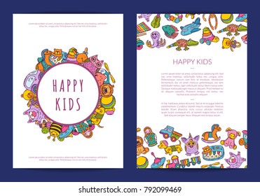 Vector card template with place for text and hand drawn children toys on background illustration