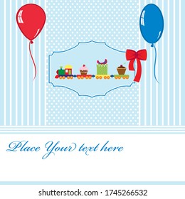 Vector card template polka dot and striped background. Card template for baby boy shower, birthdays and parties with space for your text. 