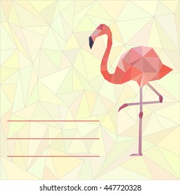 Vector card template with polygonal pink flamingo on low poly background.