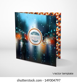 Vector card template. Rain, wet glass, street, a man with an umbrella. Beautiful inscription - Autumn is coming. Perfect for greetings, invitations or announcements. Realistic shadow.