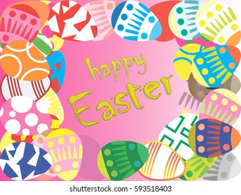Vector card template with realistic colorful eggs. The inscription handwriting a happy Easter. Vector illustration