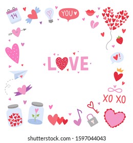 Vector card template for Saint Valentine's Day or wedding decoration. Cute hearts and love symbols on white background