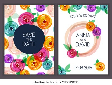 Vector card template with seamless abstract multicolor rose flower and green leaves pattern. Floral summer background illustration. Concept for wedding invitation, greeting birthday card, flyer.
