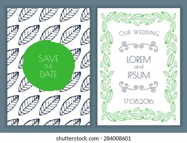 Vector card template with seamless watercolor leaf pattern. Floral frame, summer or spring background illustration. Concept for wedding invitation, greeting birthday card, flyer, poster design.