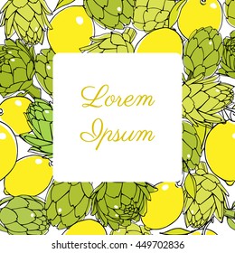 Vector card template with square frame on background patterned with hand drawn artichokes and lemons. Vegetarian, healthy food illustration. Beautiful design elements.