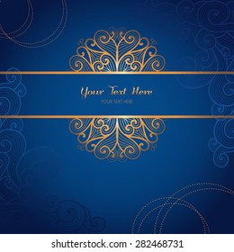 Vector card template with swirly gold ornament on dark blue background. Can be used for packaging, invitations, decoration.