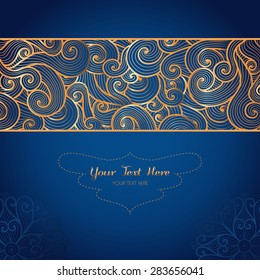 Vector card template with swirly gold ornament on dark blue background. Can be used for packaging, invitations, decoration.