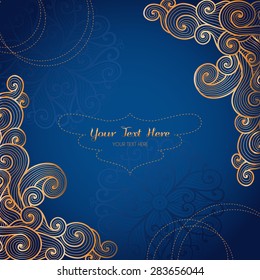 Vector card template with swirly gold ornament on dark blue background. Can be used for packaging, invitations, decoration.