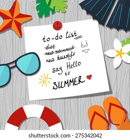 vector card template with to-do list and summer accessories on the seamless wood background 