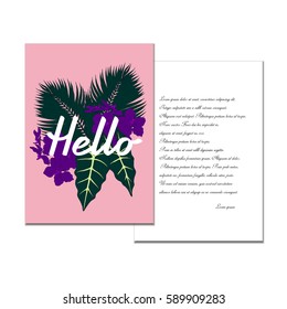 Vector card template with tropical leaves and orchids. Hello lettering.