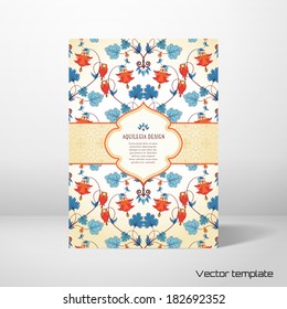 Vector card template. Vintage pattern in modern style. Aquilegia plants contain flowers, buds and leaves. Frame for your text. Perfect for greetings, invitations or announcements. Realistic shadows