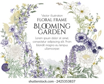 Vector card template of violet-beige flowers. Peonies, roses, tulips, lilies, bells, cornflowers, irises, lupins, periwinkle, chicory, chrysanthemum, cosmos