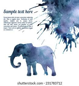 Vector card template with watercolor elements. Beautiful colorful ink stain and elephant silhouette with your personalized text.