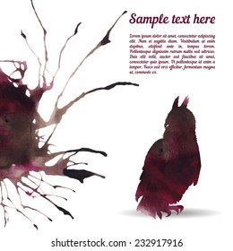 Vector card template with watercolor elements. Beautiful colorful ink stain and owl silhouette with your personalized text.
