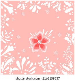 Vector card template with white floral elements on pastel red background. Hand-drawn branches and twigs. 