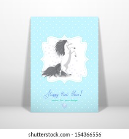 Vector card template. White rearing horse and snowflakes. Figured frame, simple seamless background with polka dots.  Beautiful hand-lettering - Happy new year! Year of the Horse. Realistic shadow.