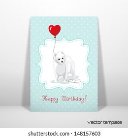 Vector card template.  White Spitz holds a balloon heart. Figured frame, simple seamless background with polka dots. Beautiful hand-lettering - Happy birthday. Realistic shadow.