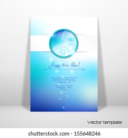 Vector card template. Winter frosty curls, snowflakes and round frame. Hand-lettering - Happy new year!  Place for your text.