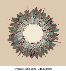 Vector card template  wreath of feathers in the bohemian style for your design. It can be used as invitations, greeting cards, graphic designs, greeting banner.