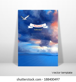 Vector card template.Overcast sky painted oil pastel. The sun shines through the clouds, flying seagull and sea. Decorative elements, tape, anchor, sun. Place for your text.