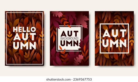Vector card templates collection with hand drawn autumn leaves pattern background. Colorful autumn foliage illustrations for card, social media, print, banner, invitation