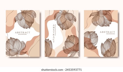 Vector card templates collection with hand drawn lotus flowers and abstract shapes isolated on white background. Trendy illustrations in pastel colors for social media, print, card, banner