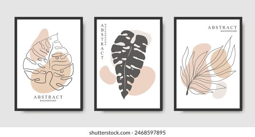colección de Plantillas de tarjeta de Vector con hojas tropicales dibujadas a mano y Formas abstractas aisladas sobre fondo gris. Diseño moderno de la ilustración de moda para la impresión del póster, tarjeta, Anuncio