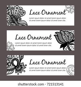 Vector card templates with lace ornament. Horizontal banners design. Vintage ornate butterfly and flowers