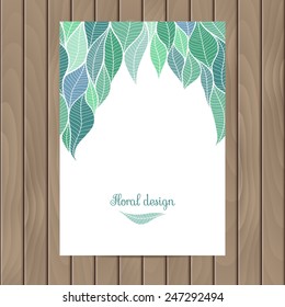 Vector card with the texture of leaves on a wood background. Card template with plenty of space for your text. The original design for you.
