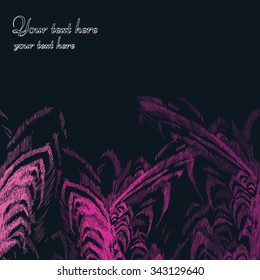 Vector card with textured colorful feathers on a dark background.