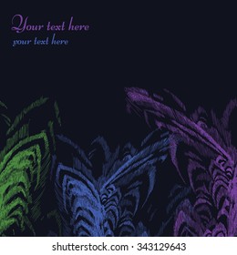 Vector card with textured colorful feathers on a dark background.