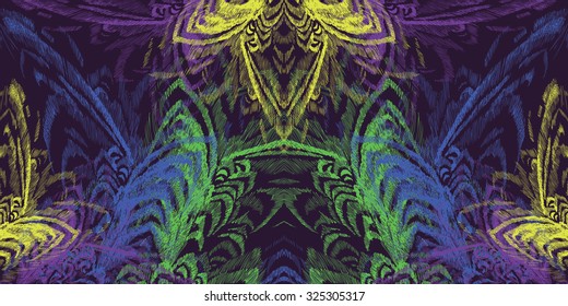 Vector card with textured multicolor feathers