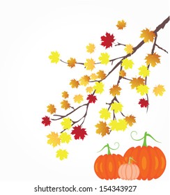 vector card for Thanksgiving with tree branch, fall leaves and pumpkins