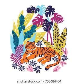 Vector card with tiger and rainforest plants. Trendy tropical design for a t-shirt
