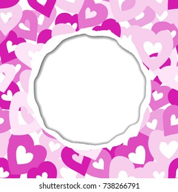 Vector card with torn paper edges. Background with colorful hearts.