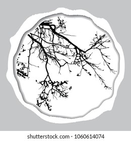 Vector card in torn paper style with tree silhouette.