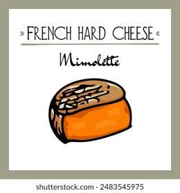 Vector card with a traditional French hard cheese Mimolette. Freehand ink drawing, graphic style. Beautiful food design elements. 