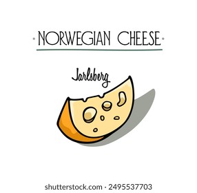 Vector card with a traditional Norwegian cheese with large holes Jarlsberg. Freehand ink drawing, graphic style. Beautiful food design elements. 