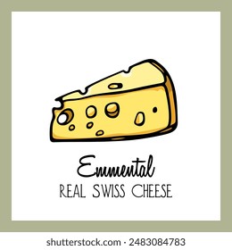 Vector card with a traditional Swiss cheese Emmental. Freehand ink drawing, graphic style. Beautiful food design elements. 