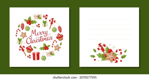 Vector card with traditional Xmas elements isolated on white background. Composition with Christmas and New Year symbols for design cards, invitations, flyers and others.